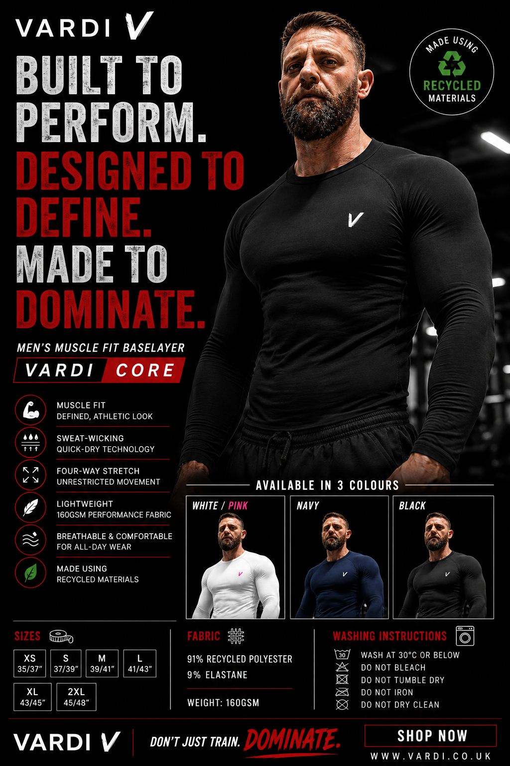 VARDI Men's Muscle Fit Baselayer "Premium UK Fitness Wear”