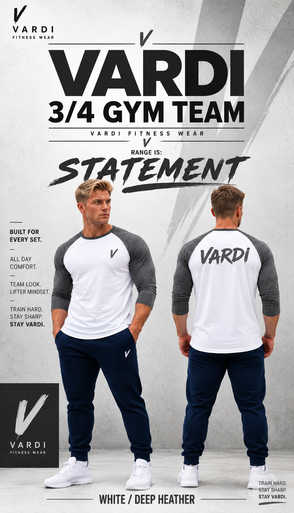 VARDI ¾ Sleeve Baseball T-Shirt "Premium UK Fitness Wear”