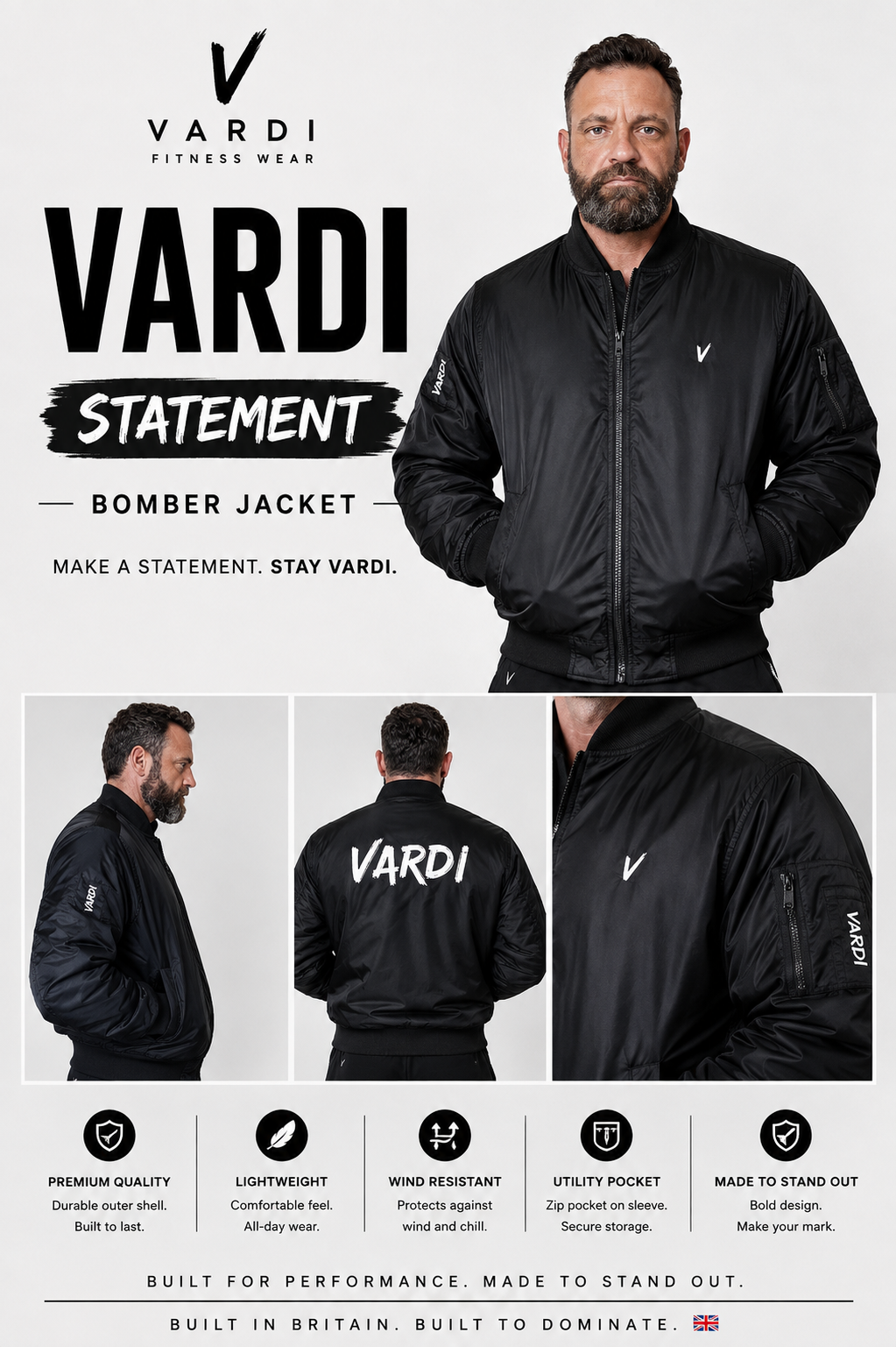 VARDI STATEMENT Bomber Jacket "Premium UK Fitness Wear”