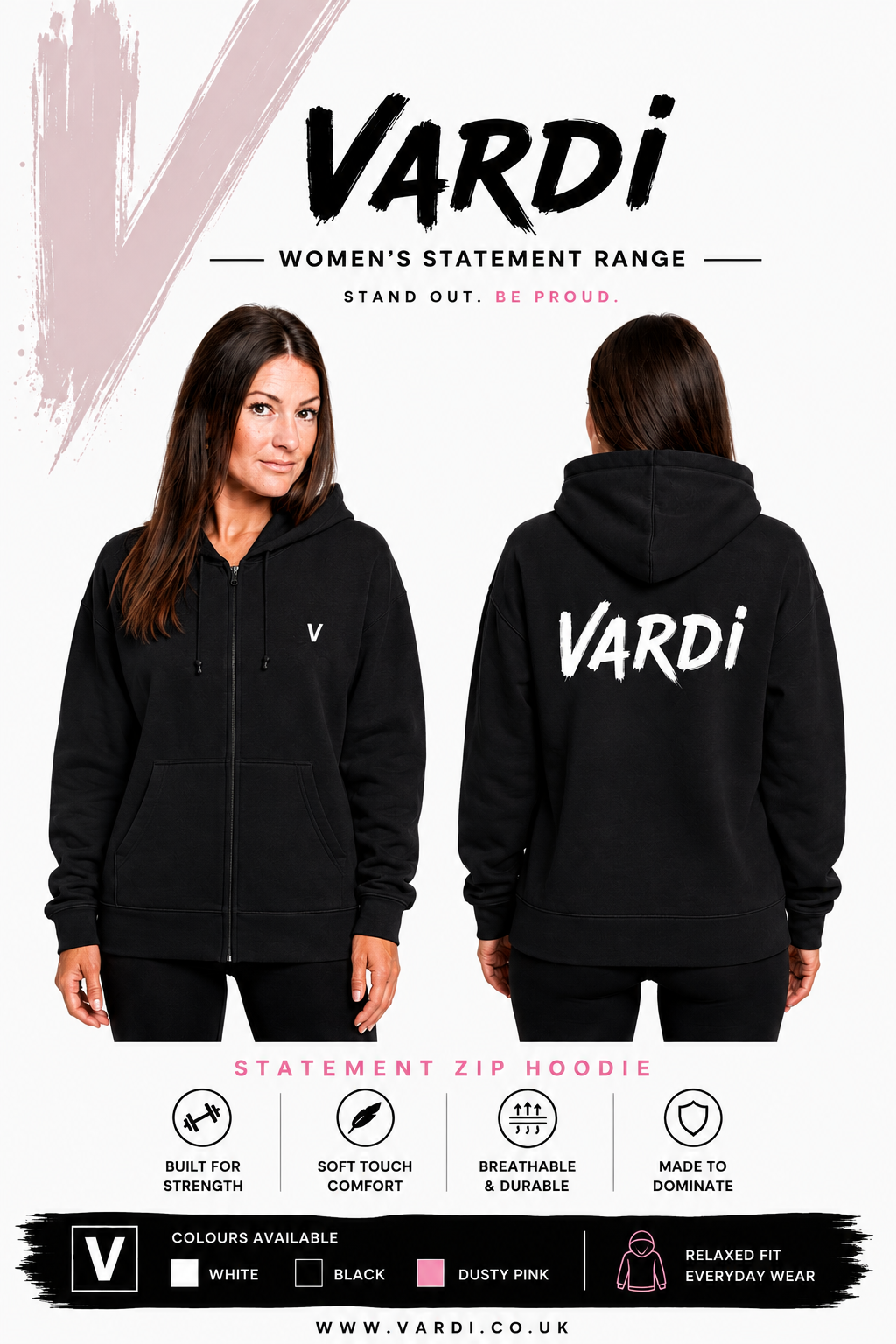 Women's VARDI STATEMENT Zip Gym Hoodie "Premium UK Fitness Wear"