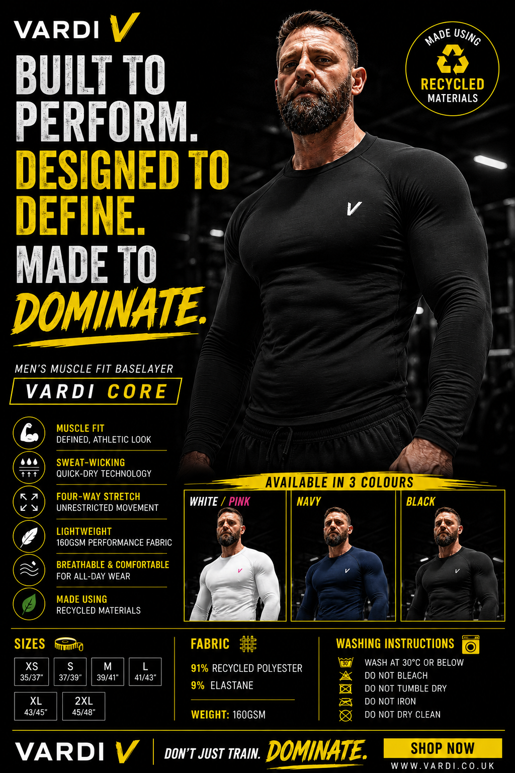 VARDI Men's Muscle Fit Baselayer "Premium UK Fitness Wear”