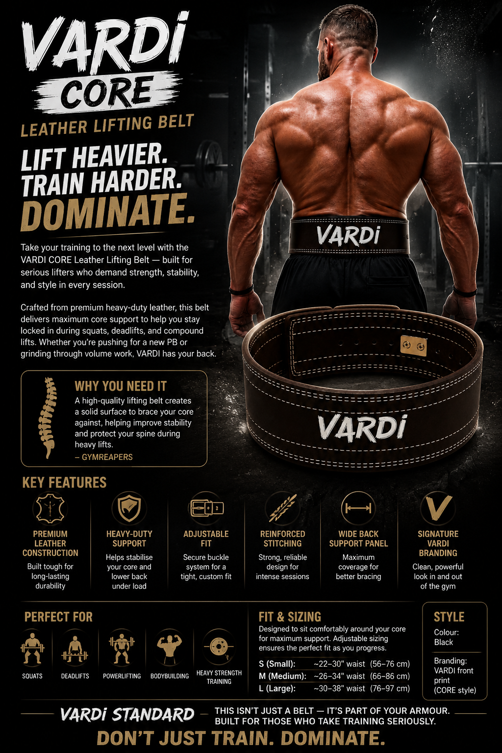 VARDI CORE Leather Lifting Belt "Premium UK Fitness Wear”