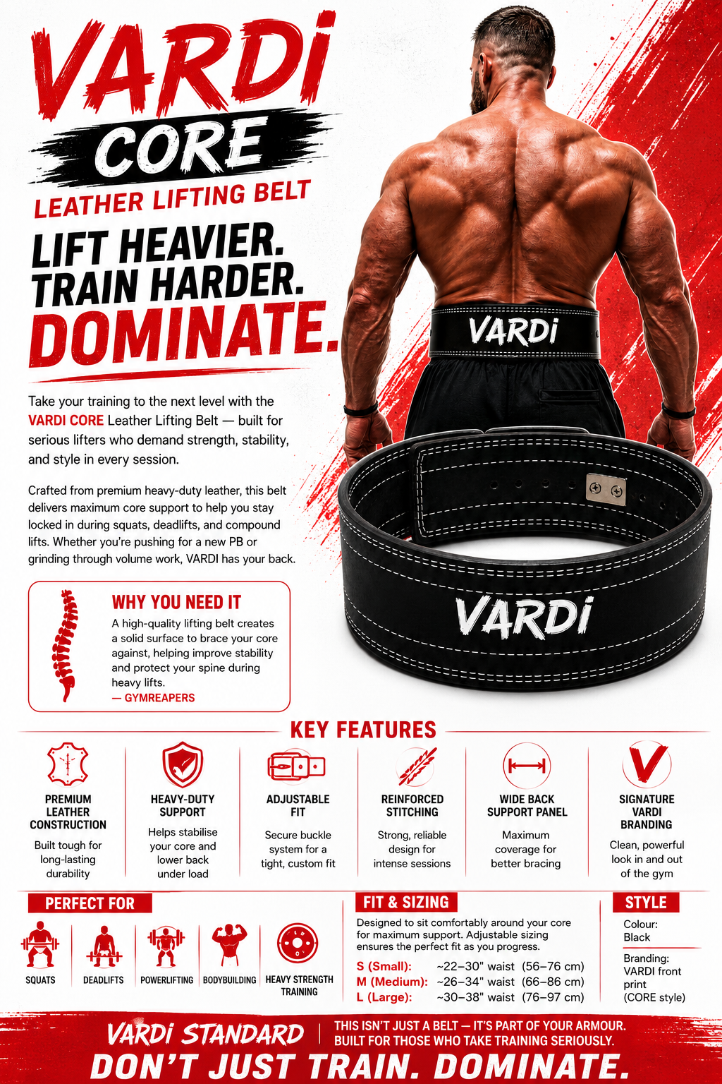 VARDI CORE Leather Lifting Belt "Premium UK Fitness Wear”
