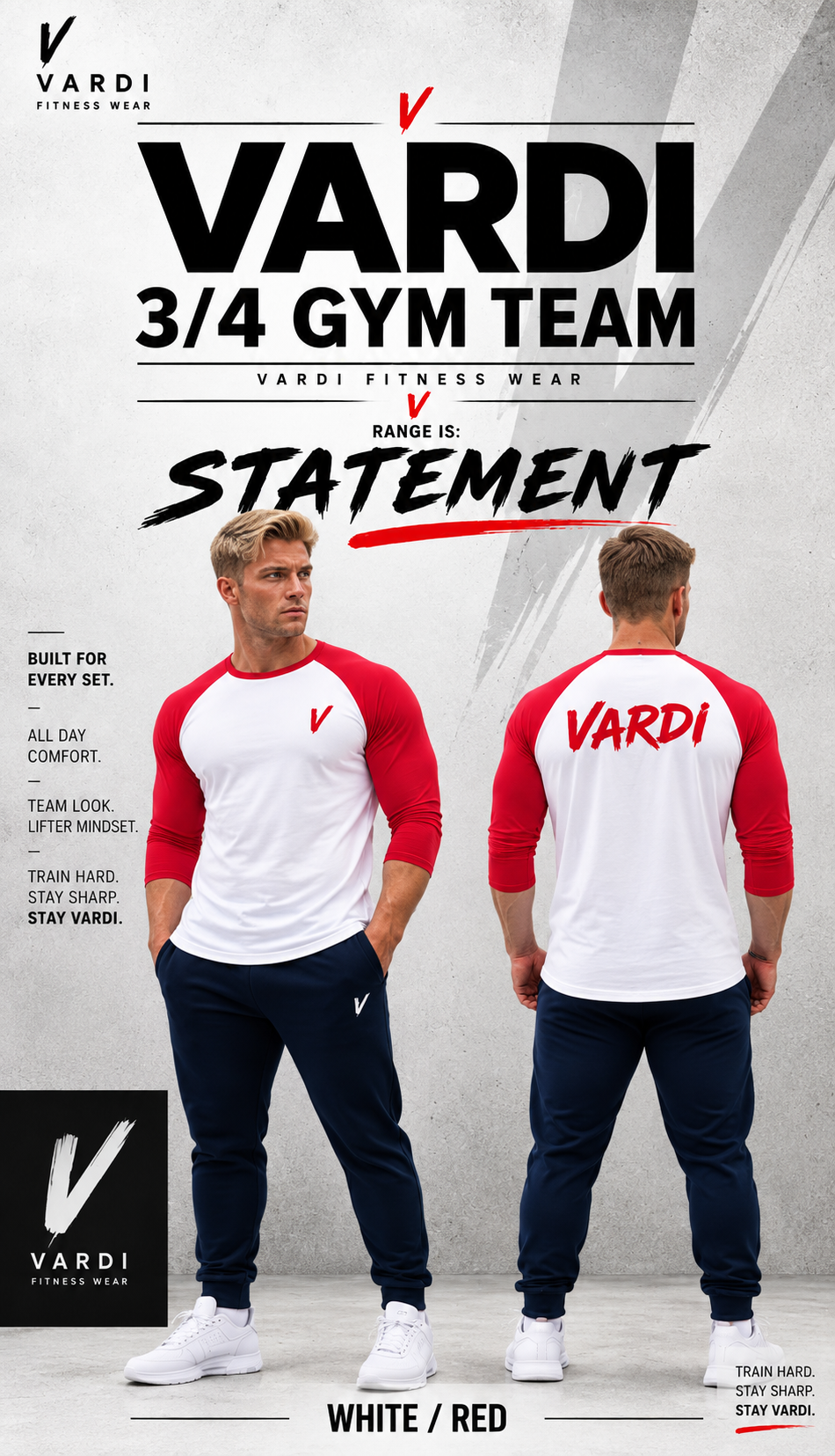 VARDI ¾ Sleeve Baseball T-Shirt "Premium UK Fitness Wear”