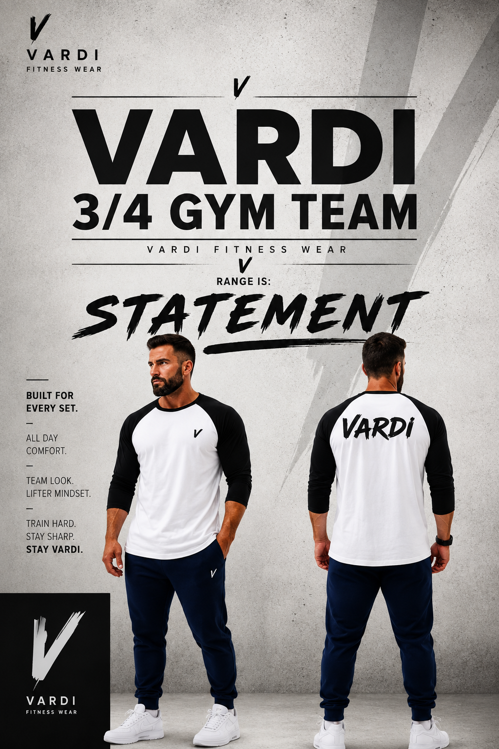 VARDI ¾ Sleeve Baseball T-Shirt "Premium UK Fitness Wear”