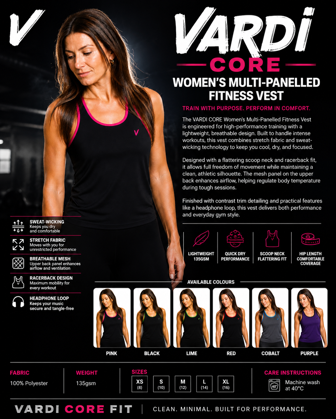 VARDI CORE Women’s Multi-Panelled Fitness Vest "Premium UK Fitness Wear”