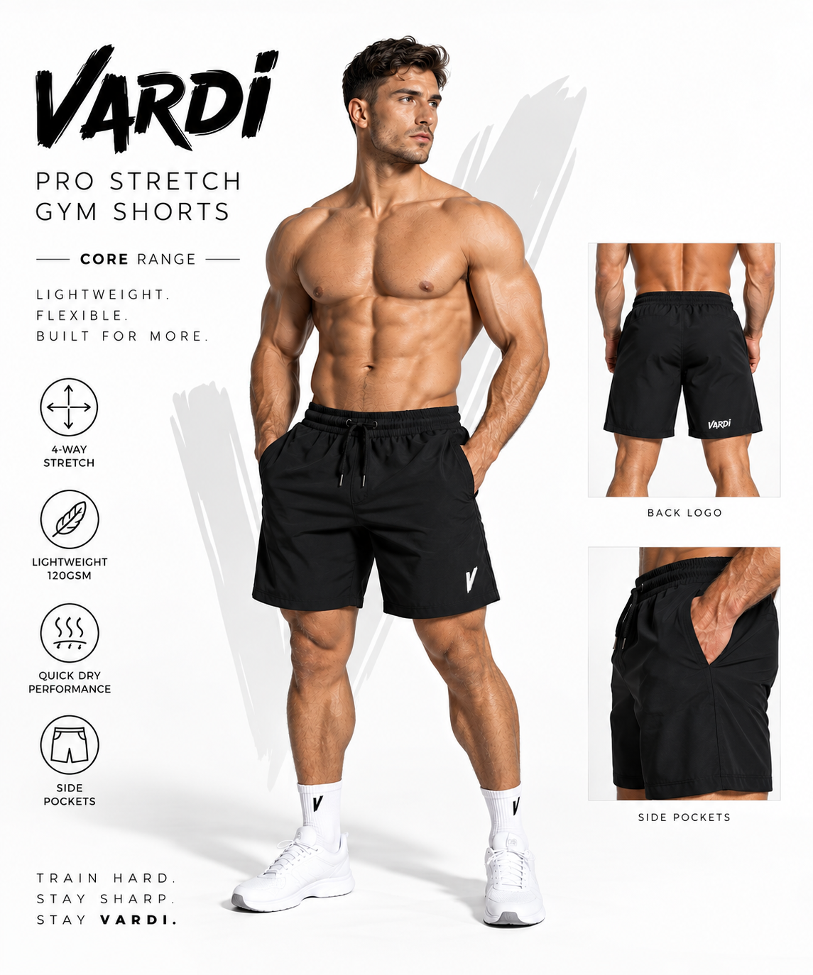 VM12- VARDI Men's Pro Stretch Gym Shorts